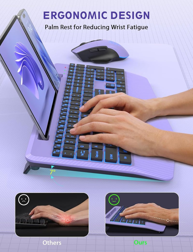 SABLUTE Wireless Keyboard and Mouse Backlits, Wrist Rest, LED Mouse, Rechargeable Ergonomic Keyboard with Phone Holder, Silent Light Up Combo for Computer, Mac, PC, Laptop, Chromebook (Purple) - Image 3